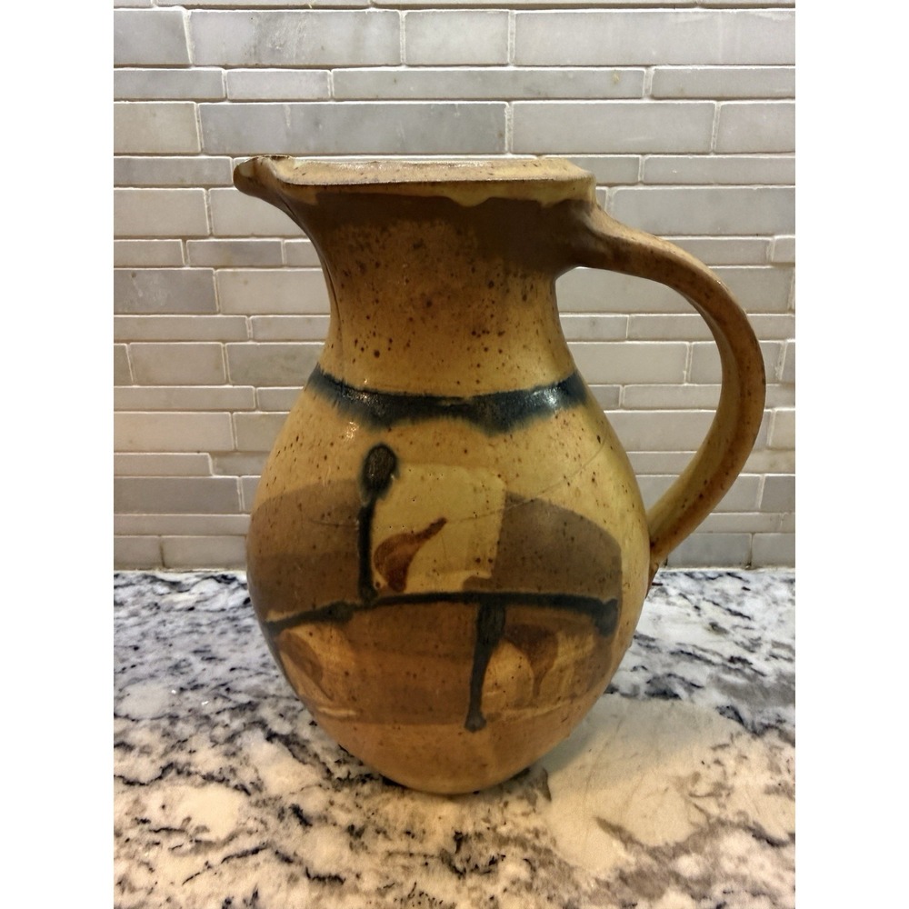 Large Vtg Handmade Studio Pottery Pitcher Yellow Abstract Fruit Flowers 1970s